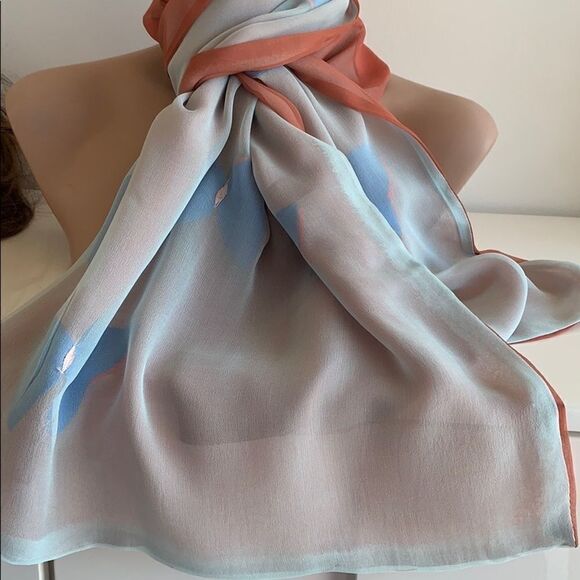 Reversible blue/coral brick butterfly very sheer silk chiffon scarf 22" x 66" - Picture 11 of 11